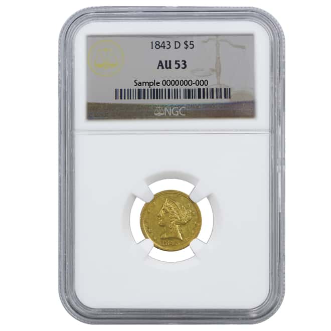 1843 D $5 Liberty Head Gold Half Eagle Coin NGC AU 53