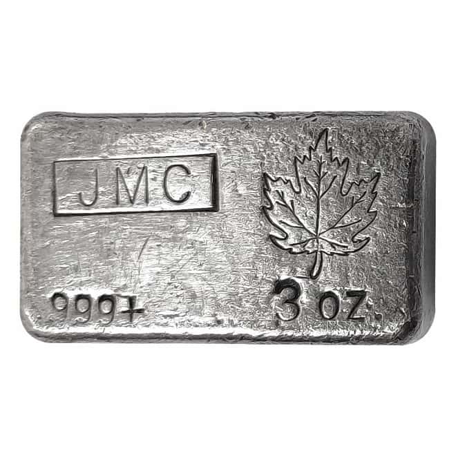 3 oz Johnson Matthey (JMC) Maple Leaf Logo Silver Bar .999+ Fine