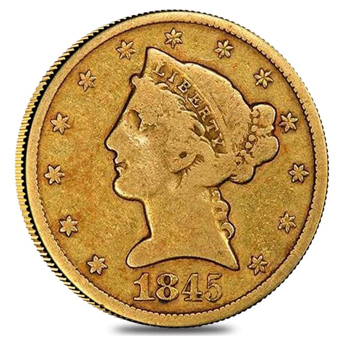 1845 $5 Liberty Head Half Eagle Gold Coin - Very Good (VG)
