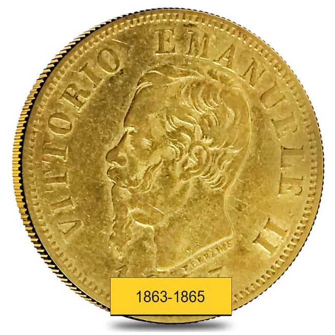 10 Lire Italy Vittorio Emanuele II Gold Coin Avg Circ AGW .0933 oz (Random Year, 1863-1865)