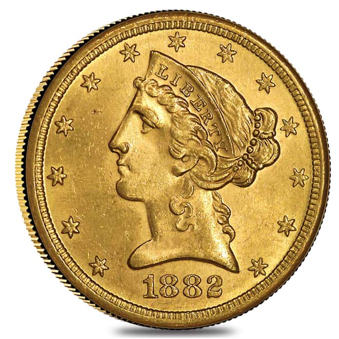 1882 S $5 Liberty Head Half Eagle Gold Coin NGC AU 55