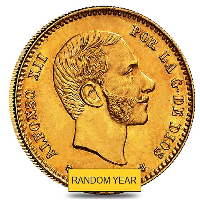 25 Pesetas Spain Alfonso XII Gold Coin AU/BU AGW .2333 oz (Random Year, 1876-1881)