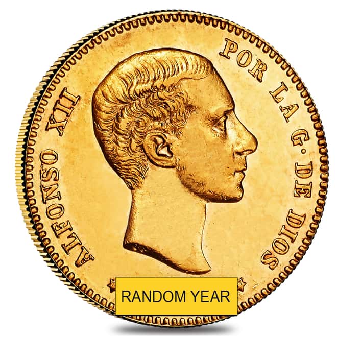 25 Pesetas Spain Alfonso XII Gold Coin AU/BU AGW .2333 oz (Random Year, 1876-1881)