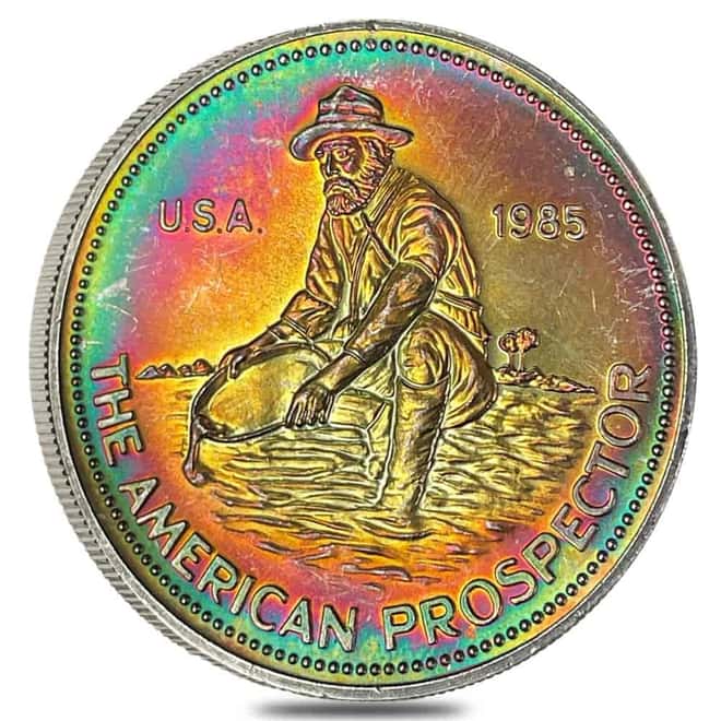 1985 1 oz Engelhard Prospector Silver Round .999 Fine (Rainbow Toning, 25855)