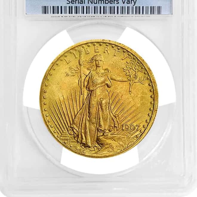 1907 $20 Gold Saint Gaudens Double Eagle Coin PCGS MS 64+