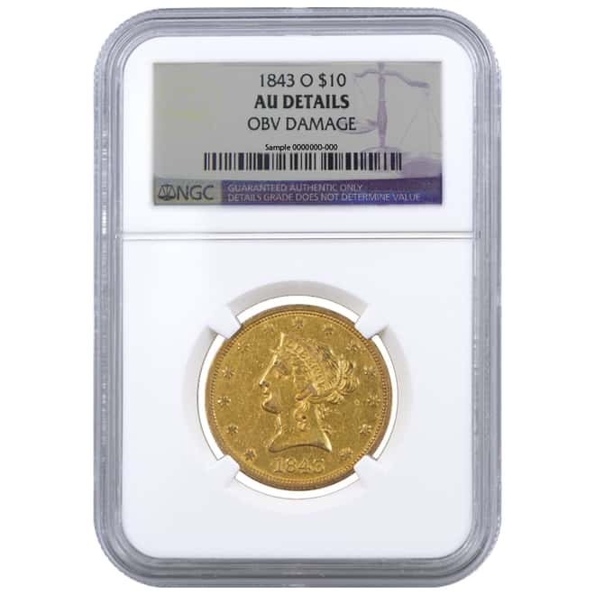 1843 O $10 Liberty Head Gold Eagle Coin NGC AU Details