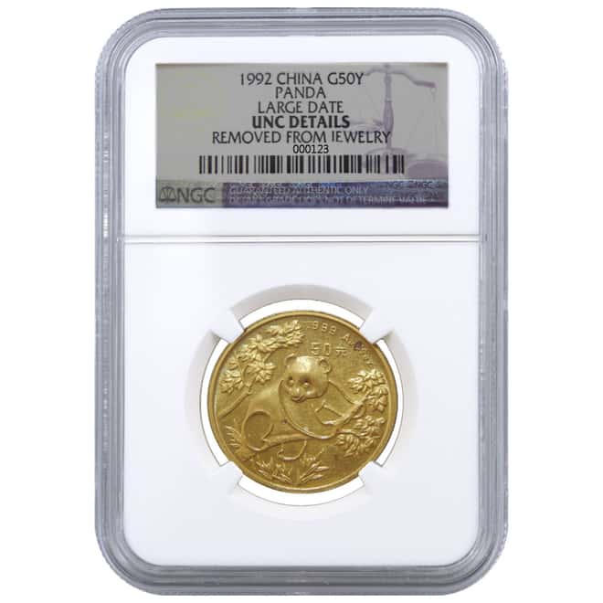 1992 1/2 oz China  50 Yuan Gold Panda Large Date Removed from Jewelry UNC Details