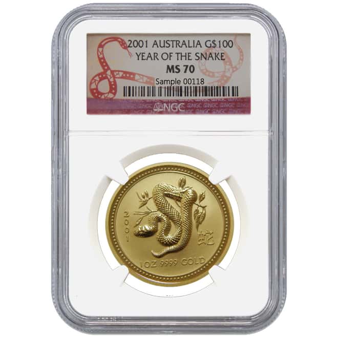 2001 1 oz $100 Gold Australian Lunar Year of the Snake NGC MS 70