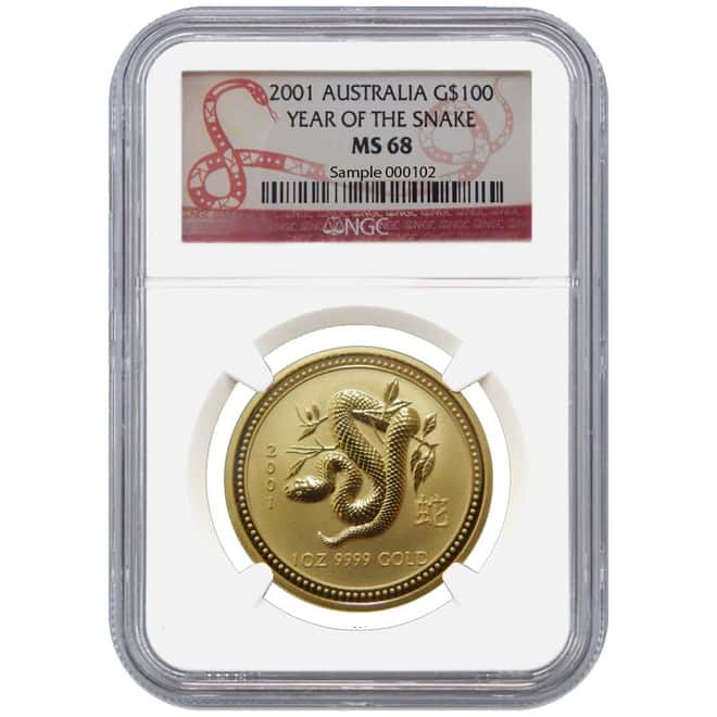2001 1 oz Gold Lunar Year of Snake Perth Mint Series NGC MS 68