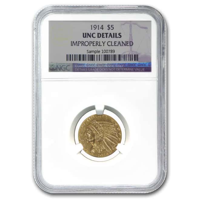 1914 $5 Half Eagle Indian Head Gold Coin NGC UNC Details