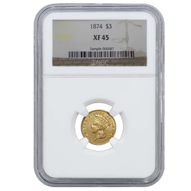 1874 $3 American Indian Princess Head Gold Coin NGC XF 45 RARE!