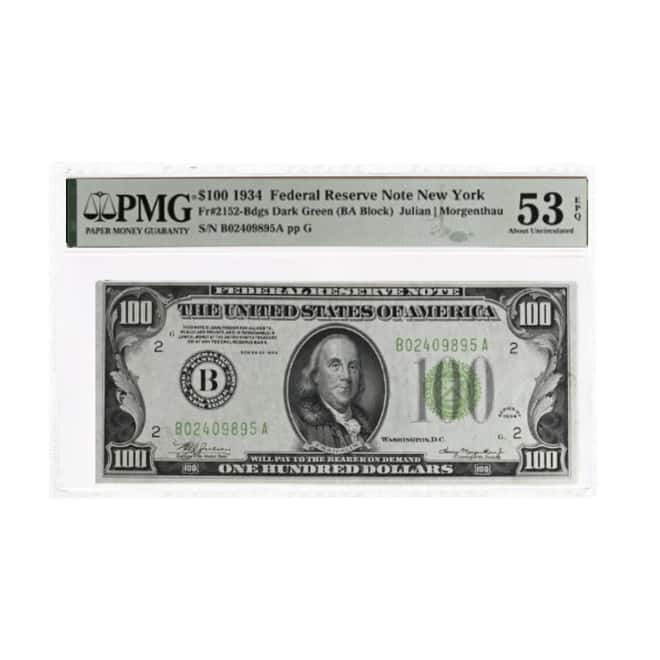 1934 $100 Federal Reserve Currency Note New York PMG AU 53 EPQ