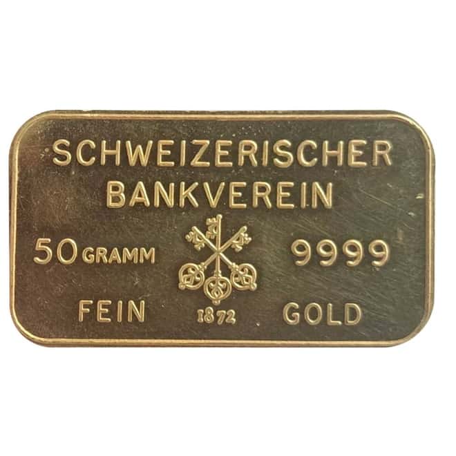 50 Gram Johnson Matthey Swiss Bank Corporation Gold Bar .9999 Fine