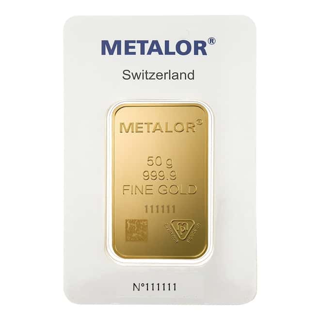 50 gram Metalor Gold Bar .9999 Fine (In Assay)