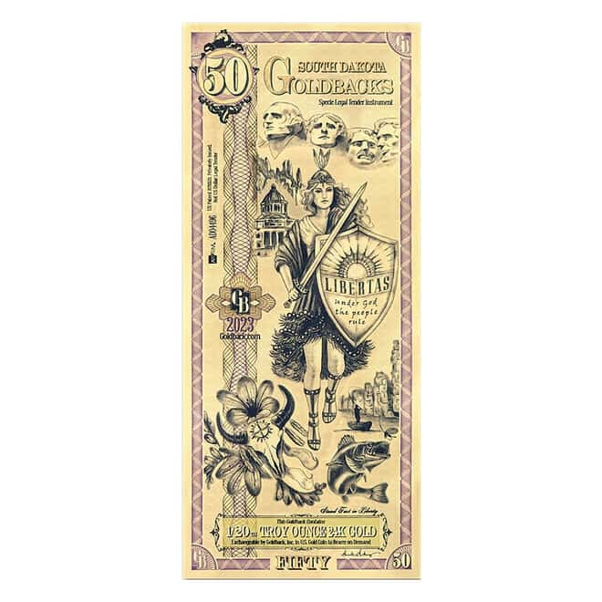 50 South Dakota Goldback 1/20 oz 24K Gold Foil Aurum Note