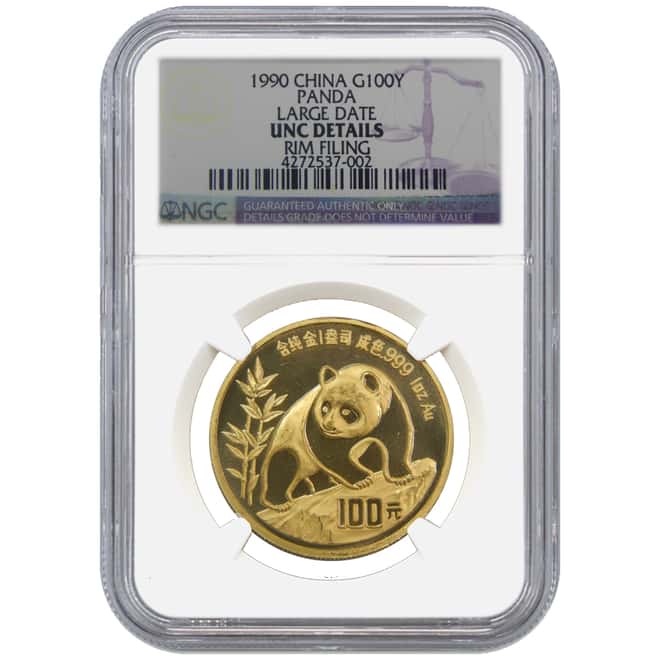 1990 1 oz China 100 Yuan Gold Panda NGC UNC Details