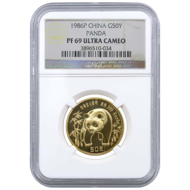 1986 P 1/2 oz China Gold Panda 50 Yuan NGC PF 69 Ultra Cameo