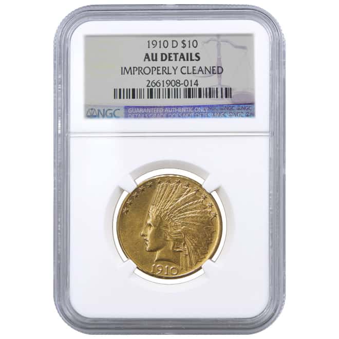 1910 D $10 Indian Head Gold Eagle Coin NGC AU Details