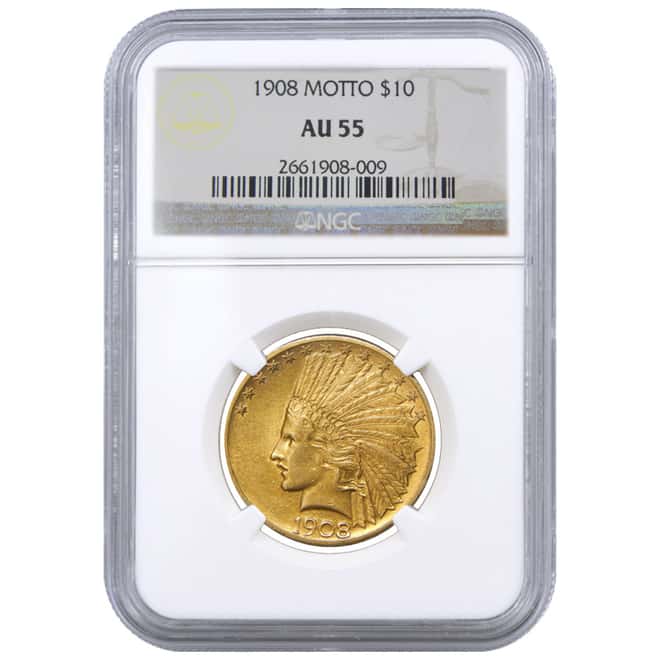 1908 $10 Indian Head Gold Eagle Coin Motto NGC AU 55