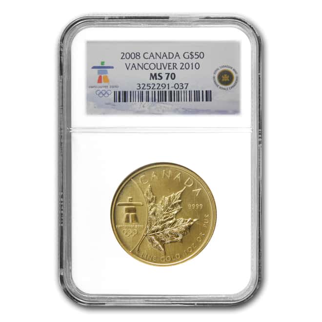 2008 1 oz Vancouver Olympics Canadian Gold Maple Leaf NGC MS 70