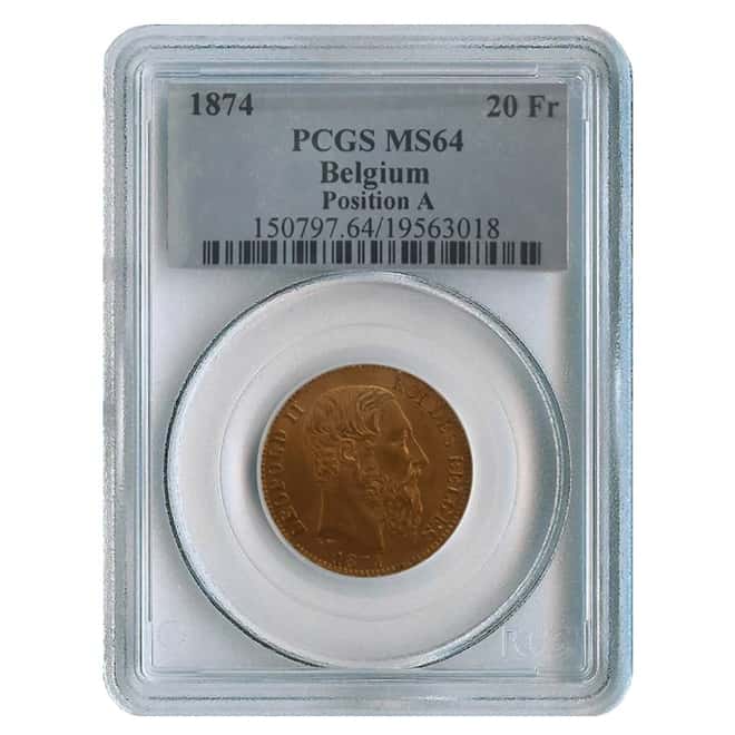 1874 Belgium 20 Francs Leopold II Gold Coin PCGS MS 64