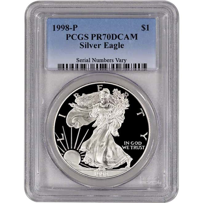 1998 P 1 oz Silver American Eagle $1 Proof Coin PCGS PR 70 DCAM