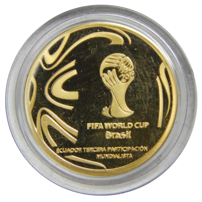 2014 .217 oz Gold Ecuador 1 Sucre FIFA World Cup Brazil Soccer Proof Coin (W/Box & COA)