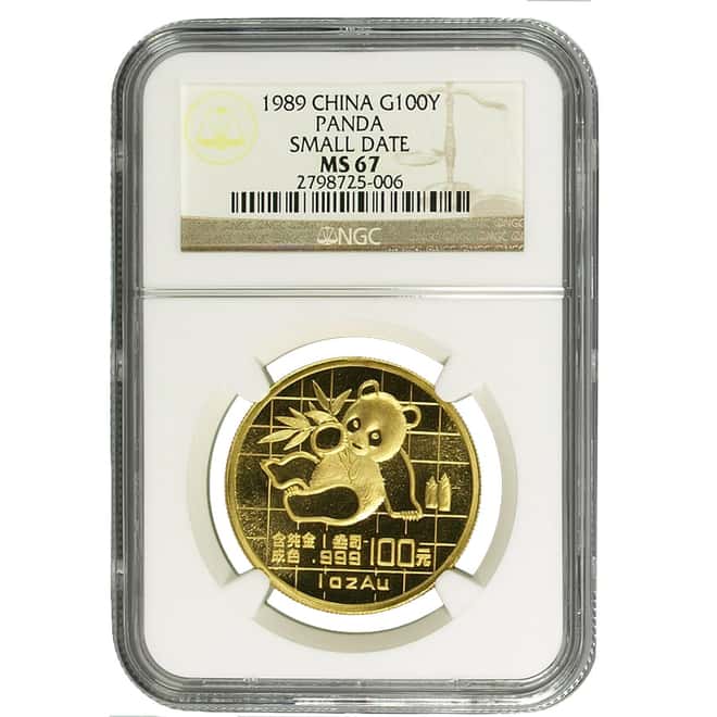 1989 1 oz Gold China Panda 100 Yuan NGC MS 67 (Small Date)