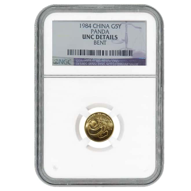 1984 1/20 oz China Gold Panda 5 Yuan NGC UNC Details-Bent
