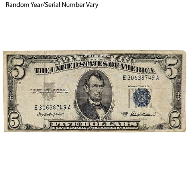 $5 Silver Certificate Currency Note Avg Circ (Random Year)