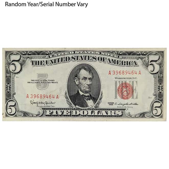 $5 Bill Legal Tender Currency Note Red Seal Avg Circ (Random Year)