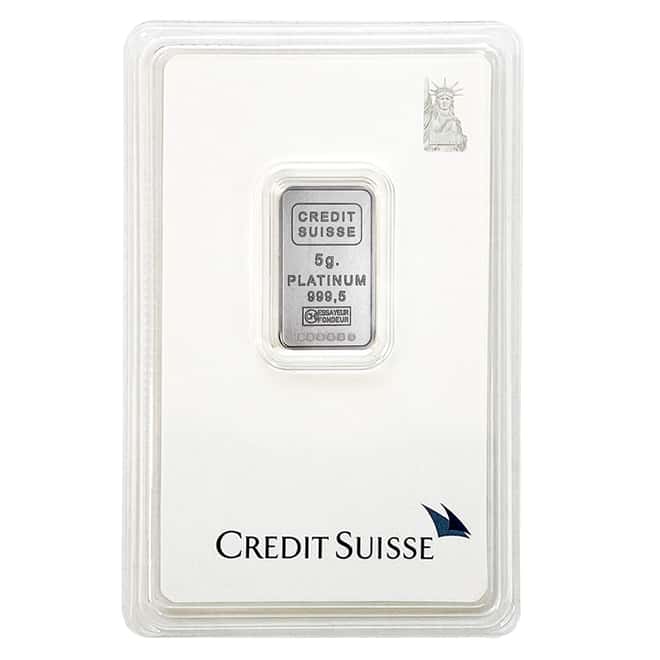 5 gram Credit Suisse Statue of Liberty Platinum Bar .9995 Fine (In Assay)