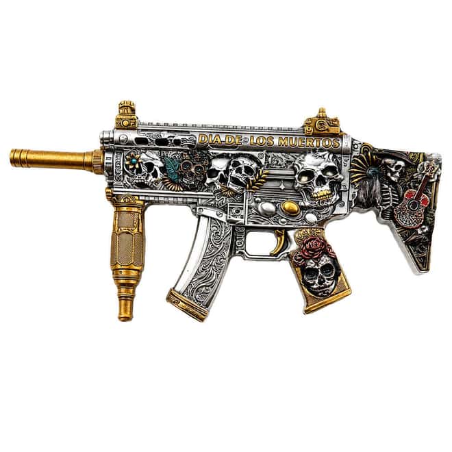 5 oz Dia de los Muertos Gun Shaped Silver .999 Fine Antiqued Finish