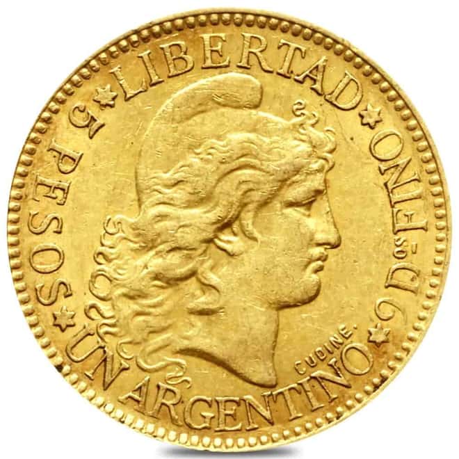 5 Pesos Argentina Gold Coin Avg Circ (1881-1969, Random Year)