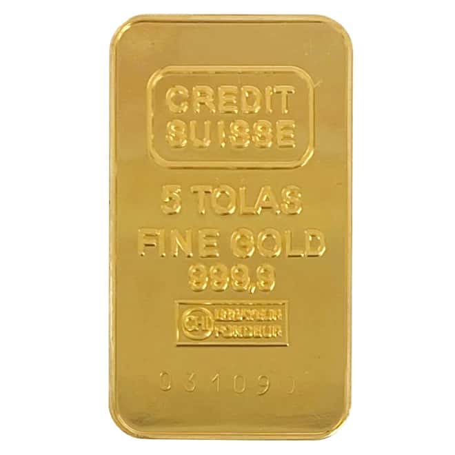 5 Tolas Credit Suisse Falcon Art Gold Bar .9999 Fine