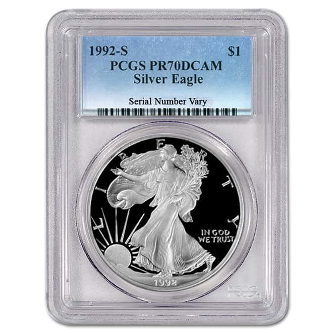 1992 S 1 oz Silver American Eagle $1 Proof Coin PCGS PF 70