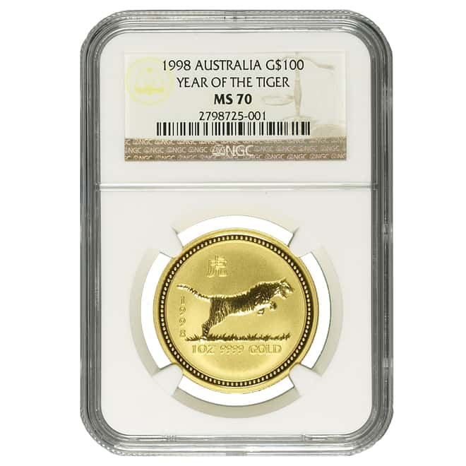 1998 1 oz $100 Australia Gold Lunar Year of the Tiger NGC MS 70