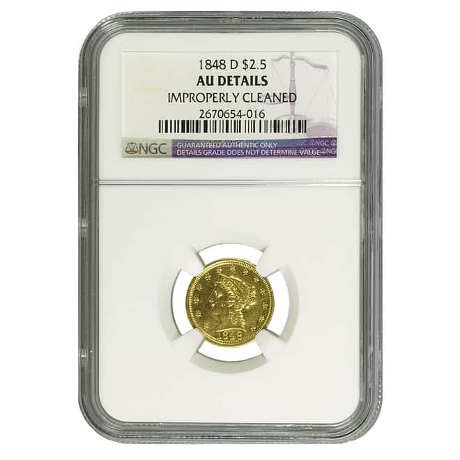 1848 D $2.5 Liberty Head Gold Quarter Eagle Coin NGC AU Details (Improperly Cleaned)