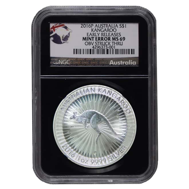 2016 1 oz Silver Australian Kangaroo Obv Struck Thru NGC MS 69 ER Retro Holder (Mint Error)