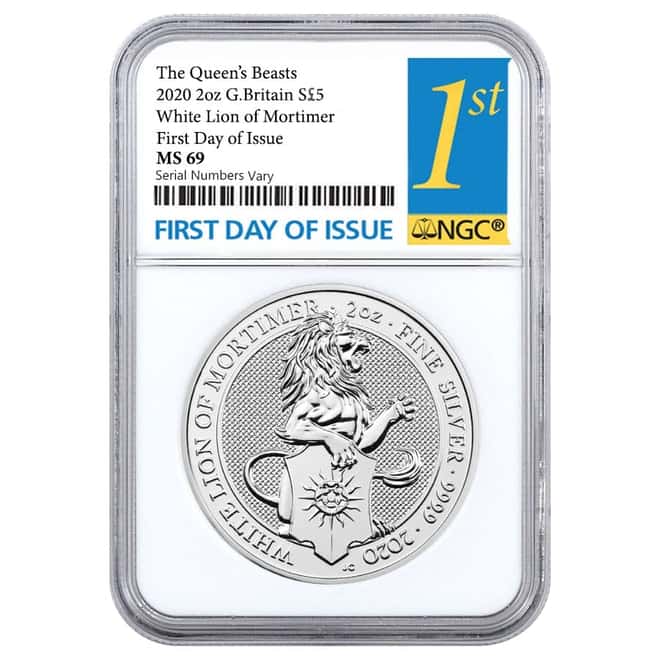 2020 Great Britain 2 oz Silver Queen's Beasts White Lion of Mortimer Coin NGC MS 69 FDOI
