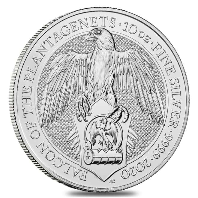 2020 Great Britain 10 oz Silver Queen's Beasts (Falcon) Coin .9999 Fine BU In Cap