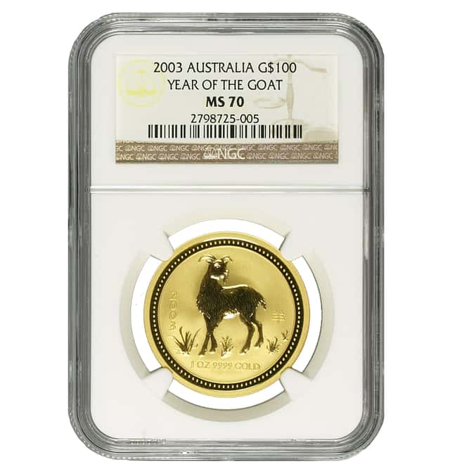 2003 1 oz $100 Australian Lunar Year of the Goat Gold Coin NGC MS 70 (Series 1)