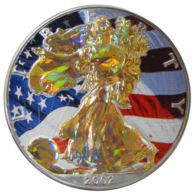 2002 $1 American Silver Eagle Golden Hologram with US Flag Background (Encapsulated)