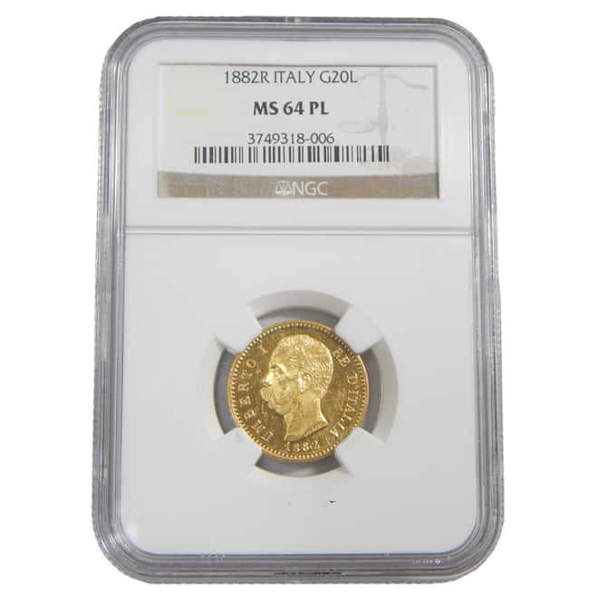 1882R Italy 20 Gold Lire NGC MS 64 PL Rome - Umberto I