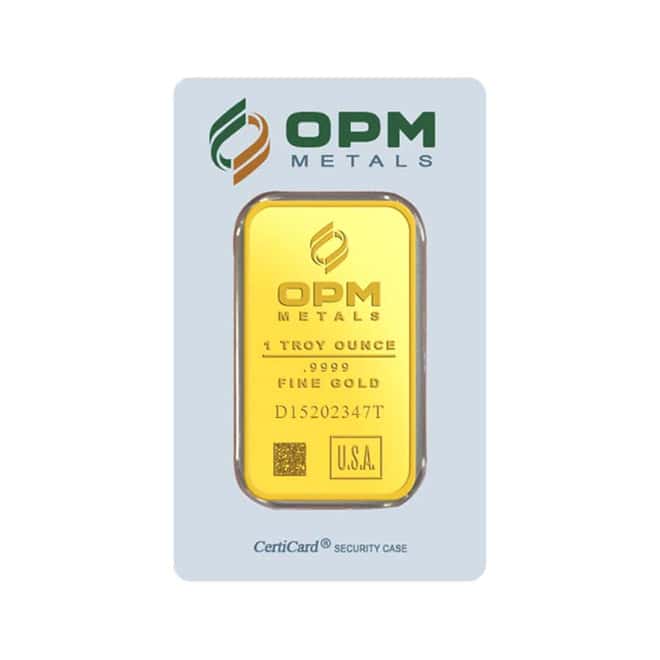 1 oz OPM Gold Bar .9999 Fine (In Assay)
