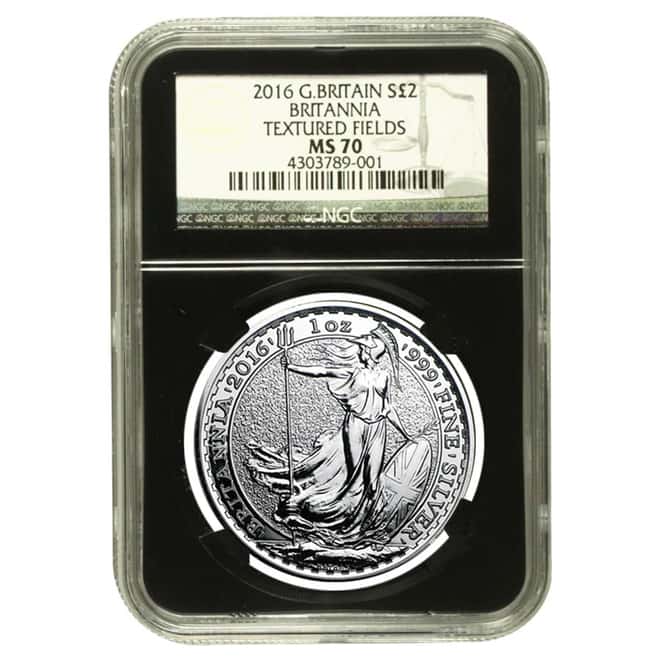 2016 Great Britain 1 oz Silver Britannia Textured Fields NGC MS 70 Retro Holder