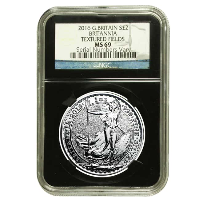2016 Great Britain 1 oz Silver Britannia Textured Fields NGC MS 69 Retro Holder