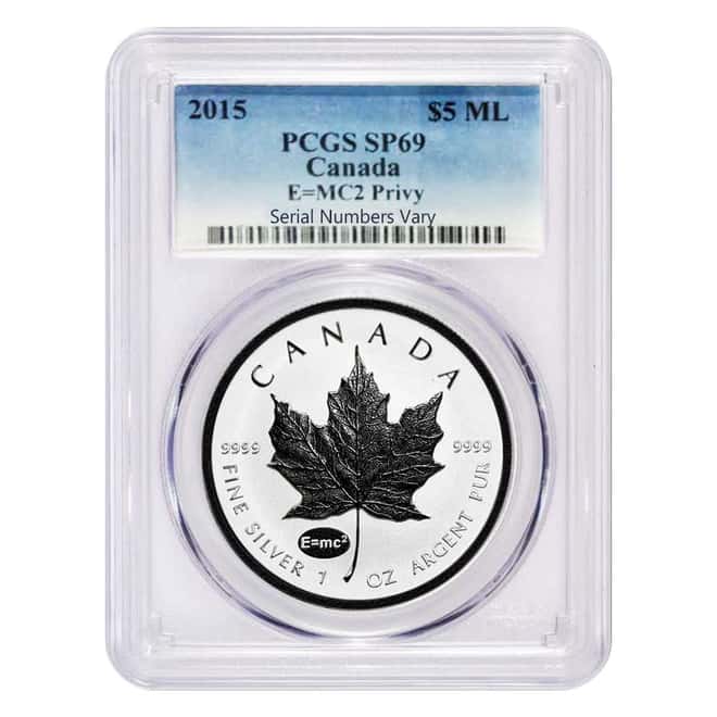 2015 1 oz Silver Canadian Maple Leaf E=mc2 Privy Reverse Proof PCGS SP 69