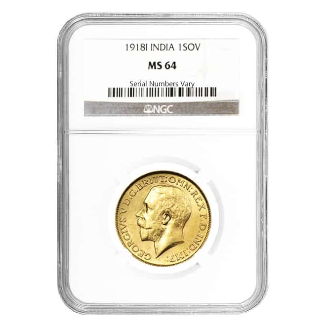 1918-I Gold India Sovereign George V Coin NGC MS 64