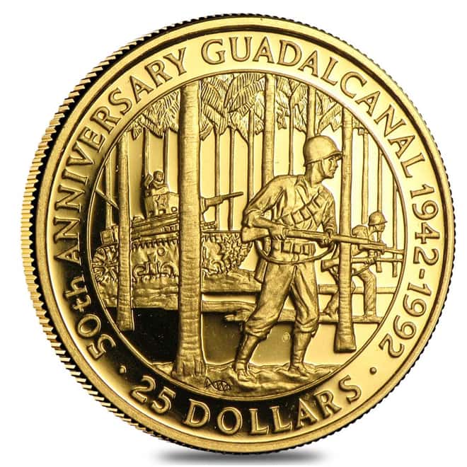 Solomon Islands $25 Gold Proof Coin 50th Ann. Battles of WWII w/COA (Random Year, 1991-95) 